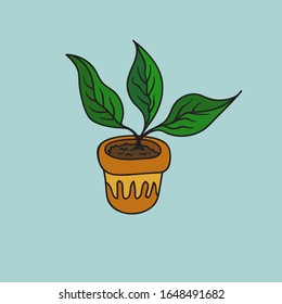 Dibujo manual del doodle vectorial de la planta macedonia Philodendron en maceta de arcilla acristalada con grandes hojas verdes. Decoración interior concepto de jungla urbana