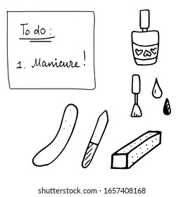 Hand drawn doodle vector illustration. Note with reminder to make a manicure. Lettering. the nail Polish brush and nail files. Black stroke on white background.