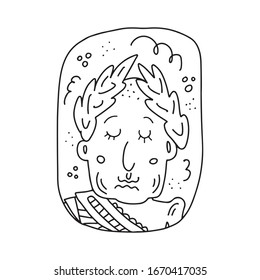 Dibujo de la ilustración del doodle dibujado a mano, retrato del hombre con la corona fúnebre y laurel aislada sobre fondo blanco en el marco. Icono de la cara, libro de colores, página, impresión, marco, tarjeta, teatro