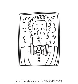 Handgezeichnete doodle Vektorillustration Illustration des Mannes mit Schleife einzeln auf weißem Hintergrund. Gesichtssymbol, Farbbuch, Seite, Druck, Rahmen, Karte, Theater