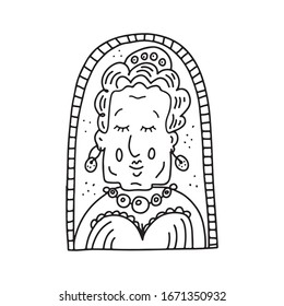 Hand drawn doodle vector illustration portrait of the woman with beads isolated on white background. Face icon, coloring book, page, print, frame, card, theatre