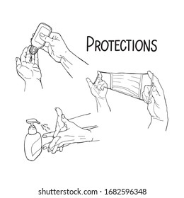 Hand drawn doodle vector illustration preventions infographic with hands, medical respiratory mask, soap, hand sanitizer and lettering protection. Disinfection, hygiene, medical precaution concept