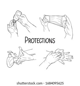 Hand drawn doodle vector illustration preventions infographic with hands, medical respiratory mask, soap, hand sanitizer,paper, lettering protections. Disinfection, hygiene, medical precaution concept