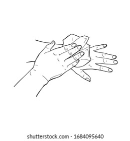 Hand drawn doodle vector illustration preventions infographic  wiping  hands with a paper towel or napkin isolated on white background. Disinfection, hygiene, medical precaution concept