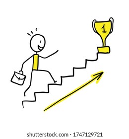 Hand drawn doodle vector illustration –  a man runs up the stairs to the award cup. Career concept