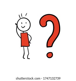 Ilustración vectorial de doodle dibujado a mano - caricatura y signo de interrogación. Una solución a un concepto problemático