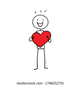 Hand drawn doodle vector illustration –  cartoon character holding a big red heart. A man gives love and his heart