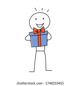 Handgezeichnete doodle Vektorgrafik - Zeichentrickfigur, die eine große Geschenkbox mit Schleife hält. Ein Mann gibt ein Geschenk