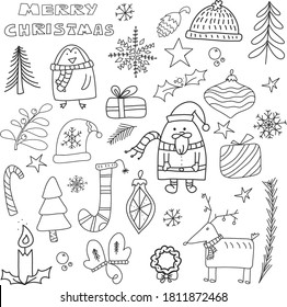 Hand drawn doodle vector illustration. Christmas art drawings in black. Set with lettering, ornaments, candy, present boxes for gift tags, labels, card, invitations.