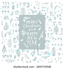 Hand drawn doodle vector illustration. Christmas line art drawings in light grey color for new year card or party invitation. Christmas tree branches, ornaments, socks, mittens, present box, candy.
