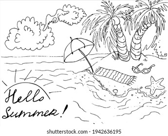 Hand drawn doodle vector illustration Hello Summer. Design for coloring book, card. Outline.