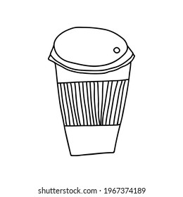 Hand drawn doodle vector illustration of hot coffee in a paper to go cup with a protective sleave. Isolated on white background