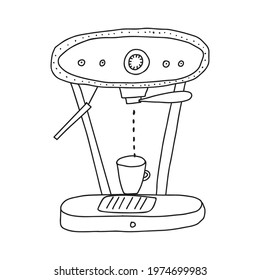 Hand drawn doodle vector illustration of home appliance espresso coffee machine with milk frother. Isolated on white background.