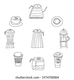 Hand drawn doodle vector illustration of set of various coffee drinks in glass, plastic and paper to-go cups and coffee pot. Isolated on white background.