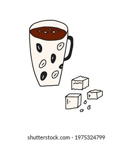 Hand drawn doodle vector illustration of delicious hot cup of coffee of tea. Isolated on white background.