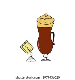 Dibujo manual de la ilustración vectorial de doodle de deliciosa taza caliente de cappuccino con un paquete de azúcar. Aislado sobre fondo blanco