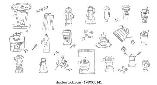 Hand drawn doodle vector illustration of set of various coffee drinks in glass and plastic cups, coffee pots and machines for different brewing types. Isolated on white background