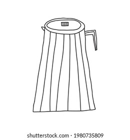 Hand drawn doodle vector illustration of designer coffee or tea pot with a cup of hot coffee or tea. Isolated on white background.