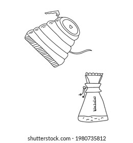 Hand drawn doodle vector illustration of traditional gooseneck kettle coffee pot and pour-over vessel coffee dripper. Isolated on white background