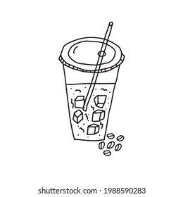 Dibujo manual del doodle vectorial ilustración del café helado con cubos de hielo en un plástico para ir a un vaso con una paja. Aislado sobre fondo blanco