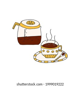 Hand drawn doodle vector illustration of traditional coffee pot for brewing hot coffee. Isolated on white background.