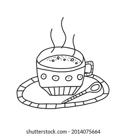 Hand drawn doodle vector illustration of delicious hot cup of coffee of tea. Isolated on white background.