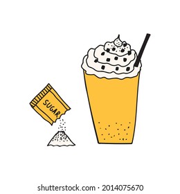 Hand drawn doodle vector illustration of sweet frappe coffee drink with foam and whipped cream on top in a plastic to go cup with a straw. Isolated on white background.