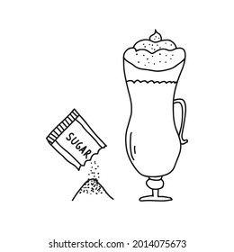 Hand drawn doodle vector illustration of delicious hot cup of cappuccino with a packet of sugar. Isolated on white background.