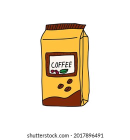 Hand drawn doodle vector illustration of coffee bag. Isolated on white background.