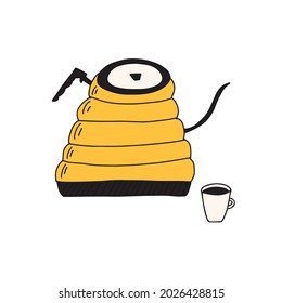 Hand drawn doodle vector illustration of traditional gooseneck kettle coffee pot for brewing hot coffee. Isolated on white background.