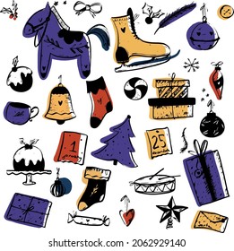 Hand drawn doodle vector illustration. Christmas art drawings . Set with , fir branches, ornaments, candy, present boxes for gift tags, labels, card, invitations.
