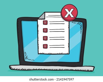 Hand drawn doodle vector illustration of checklist with all bad answers on laptop screen