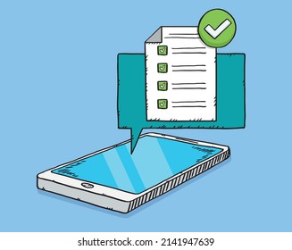 Dibujo manual de la ilustración vectorial de la lista de verificación con todas las buenas respuestas en la pantalla móvil