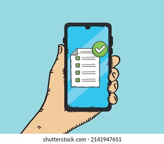 Handgezeichnete doodle Vektorgrafik der Hand, die Smartphone mit Checkliste auf dem Bildschirm hält.