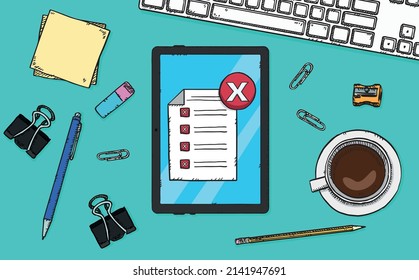 Hand drawn doodle vector illustration of checklist with bad answers  marked on tablet screen