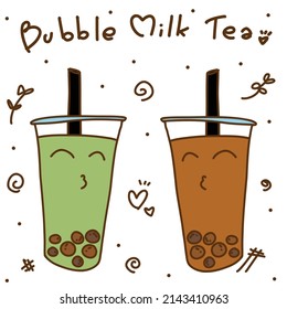 Hand drawn doodle vector illustration of cute  glasses of bubble milk tea with funny face isolated on white background.