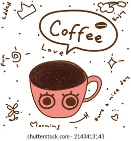 Hand drawn doodle vector illustration of cute a cup of coffee with funny face isolated on white background.