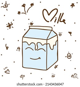 Hand drawn doodle vector illustration of cute a carton of milk with happy face isolated on white background.