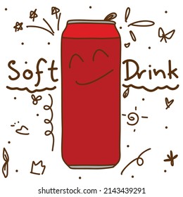 Hand drawn doodle vector illustration of cute a can of soft drink with smile face isolated on white background.