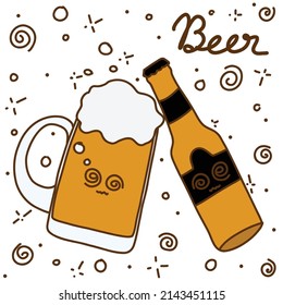 Hand drawn doodle vector illustration of cute a glass and a bottle of beer with fuzzy face isolated on white background.