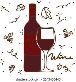 Hand drawn doodle vector illustration of cute a glass and a bottle of wine with happy face isolated on white background.