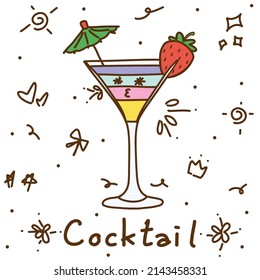 Dibujo manual de la ilustración vectorial de un lindo vaso de coctel con cara sexy aislada en fondo blanco.