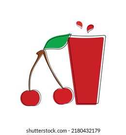 Hand drawn doodle vector illustration of glass with cherry juice and berries on stem with green leaf. Summer fruits and berries healthy plant based diet nutrition