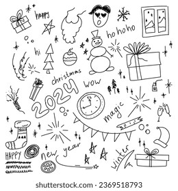 Hand drawn doodle vector illustration. Christmas art drawings in black. Set with