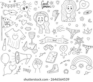 Hand drawn doodle vector illustration with various girl power themed elements. Includes feminist symbols, fashion accessories, makeup, hearts, stars, flowers, and motivational phrases. Perfect for pos