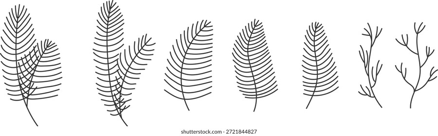 Ilustración vectorial de doodle dibujado a mano de ramas de pino, abeto y muérdago en estilo lineal minimalista. Elegantes Elementos botánicos de invierno perfectos para coronas de Navidades, decoraciones navideñas, tarjetas de felicitación, diseños festivos y patrones estacionales.
