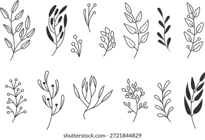 Ilustração de vetor de doodle desenhado à mão de ramos de pinheiro, abeto e visco em estilo linear minimalista. Elementos botânicos de inverno elegantes perfeitos para grinaldas de Natal, decorações de férias, cartões de felicitações, desenhos festivos e padrões sazonais.
