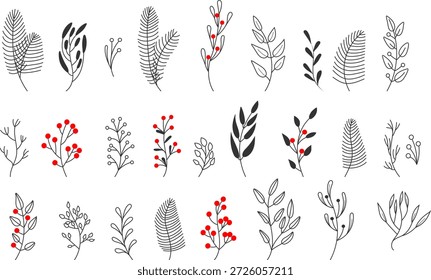 Handgezeichnete Doodle-Vektorgrafik von Kiefern-, Tannen- und Mistelzweigen im minimalistischen linearen Stil. Elegante Winter botanische Elemente perfekt für Weihnachtskränze, Feiertagsdekorationen, Grußwagen