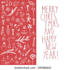 Hand drawn doodle vector illustration. Christmas line art white drawings on red. Christmas card with Christmas tree, fir branches, ornaments, snowflakes, socks, mittens, lights, cones, lettering.