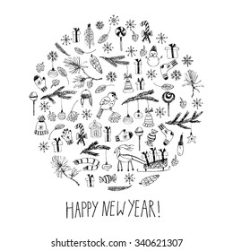 Hand drawn doodle vector illustration. Line art black and white drawings. New year card with Christmas tree, fir branches, ornaments, snowflakes, deer, present box, lettering, cones in a circle.